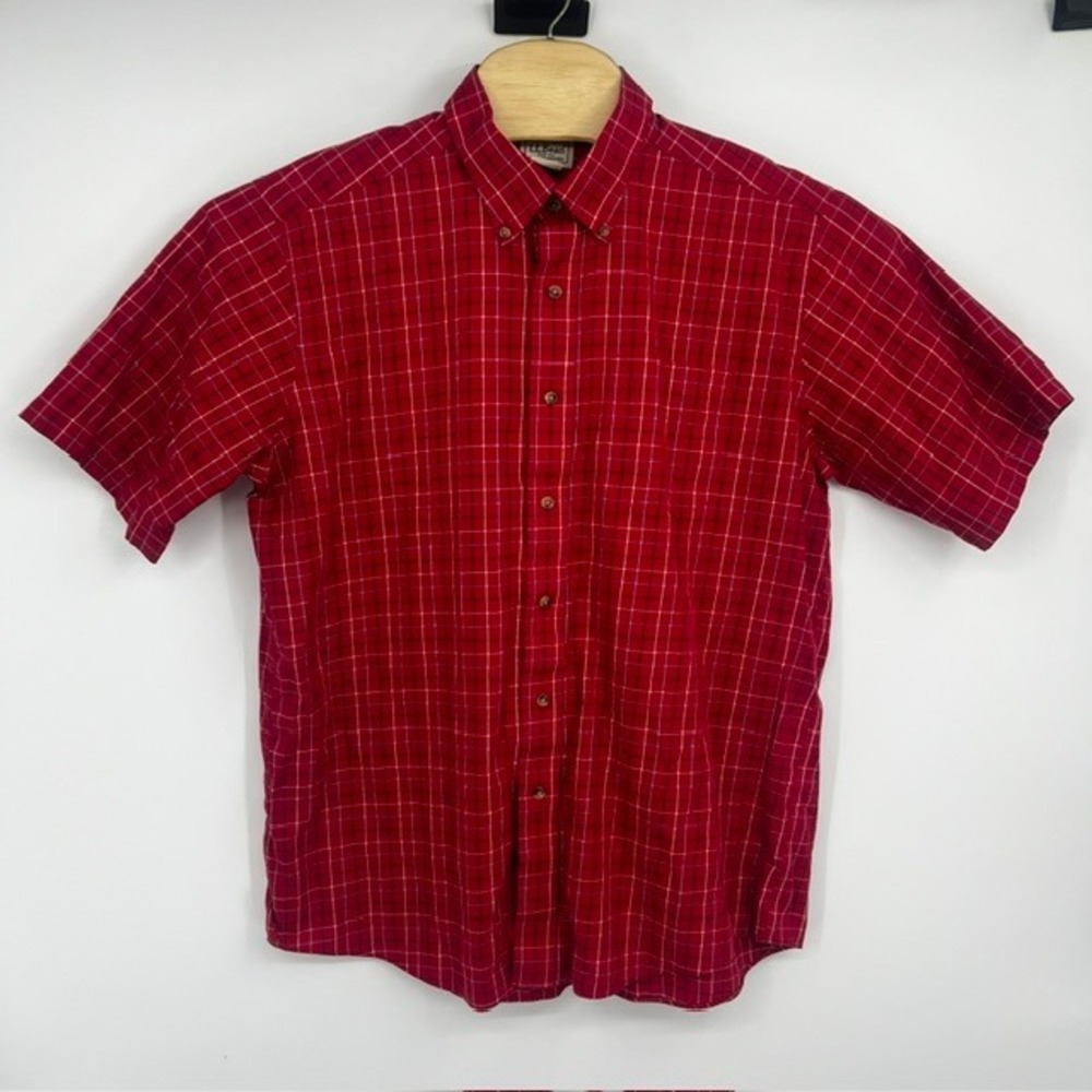 LL Bean Men's Red Plaid Wrinkle Free Short Sleeve Button Down Shirt Size Large